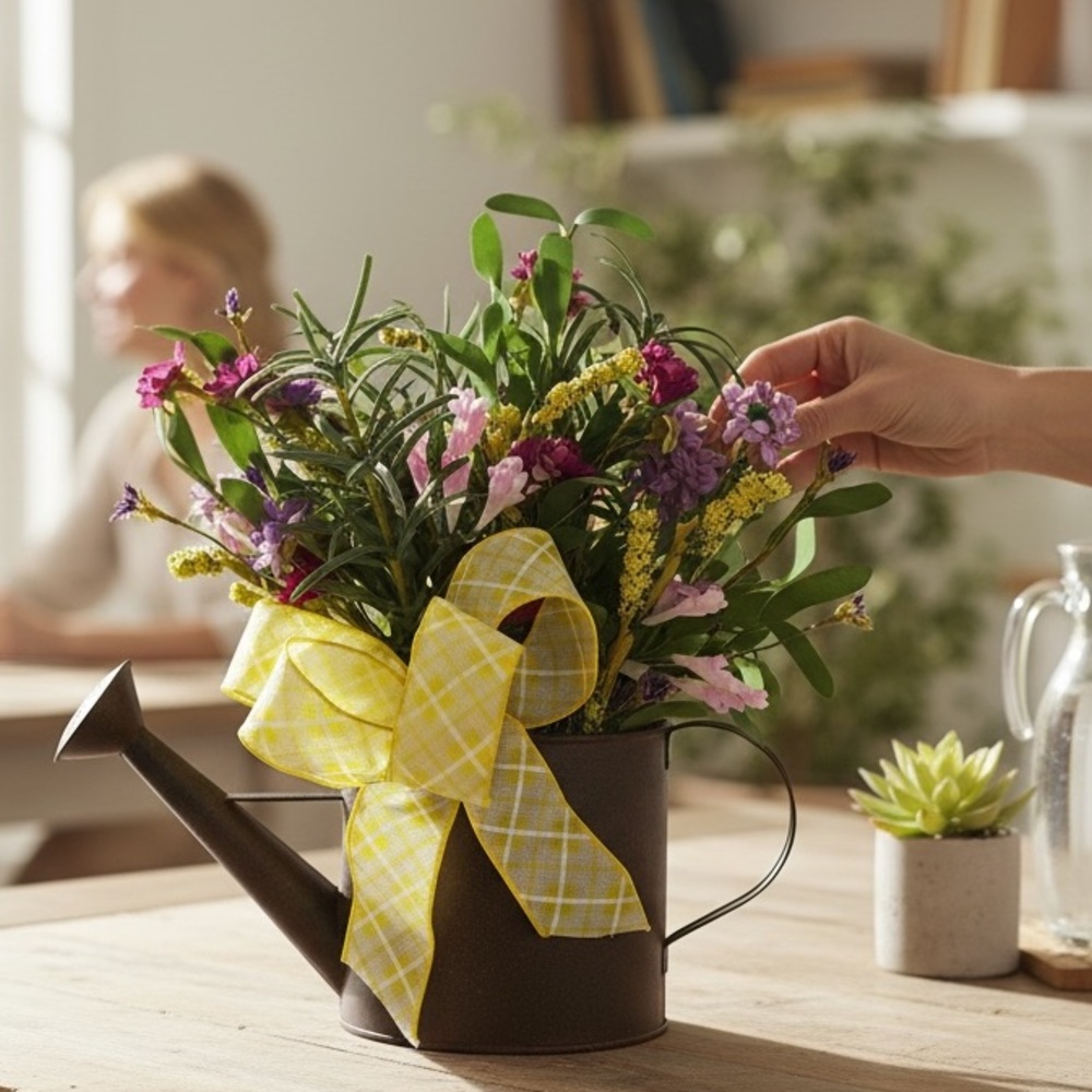 Charming Brown metal Watering Can with Floral Arrangement and sunny bow!